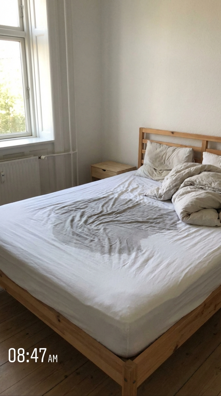 Sådan så min seng ud da jeg vågnede en tirsdag morgen i februar.